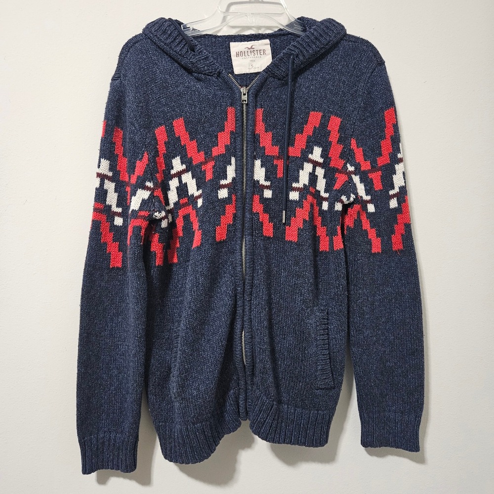Hollister Mens Full Zip Hooded Sweater Navy Blue Red Geometric Knit Size Small